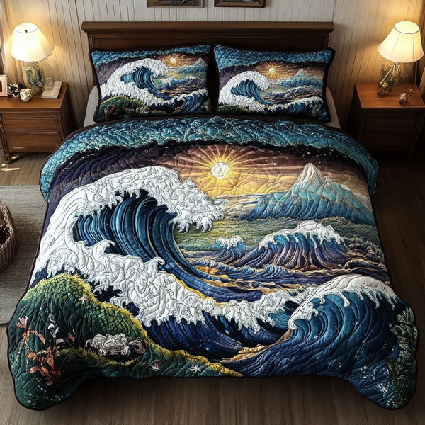 Moonlit Currents quilted 3-piece bedding set on a made bed with two matching pillow shams