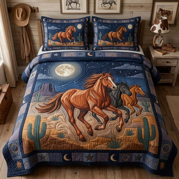Moonlit Desert Riders quilted 3-piece bedding set on a made bed with two matching pillow shams