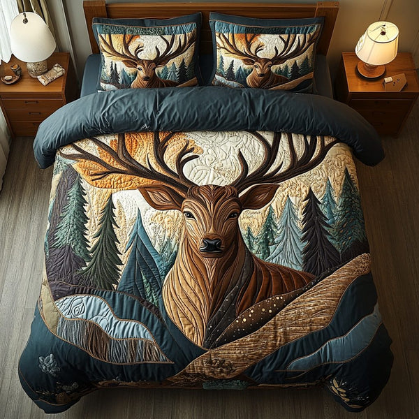 Moonlit Doe quilted 3-piece bedding set on a made bed with two matching pillow shams