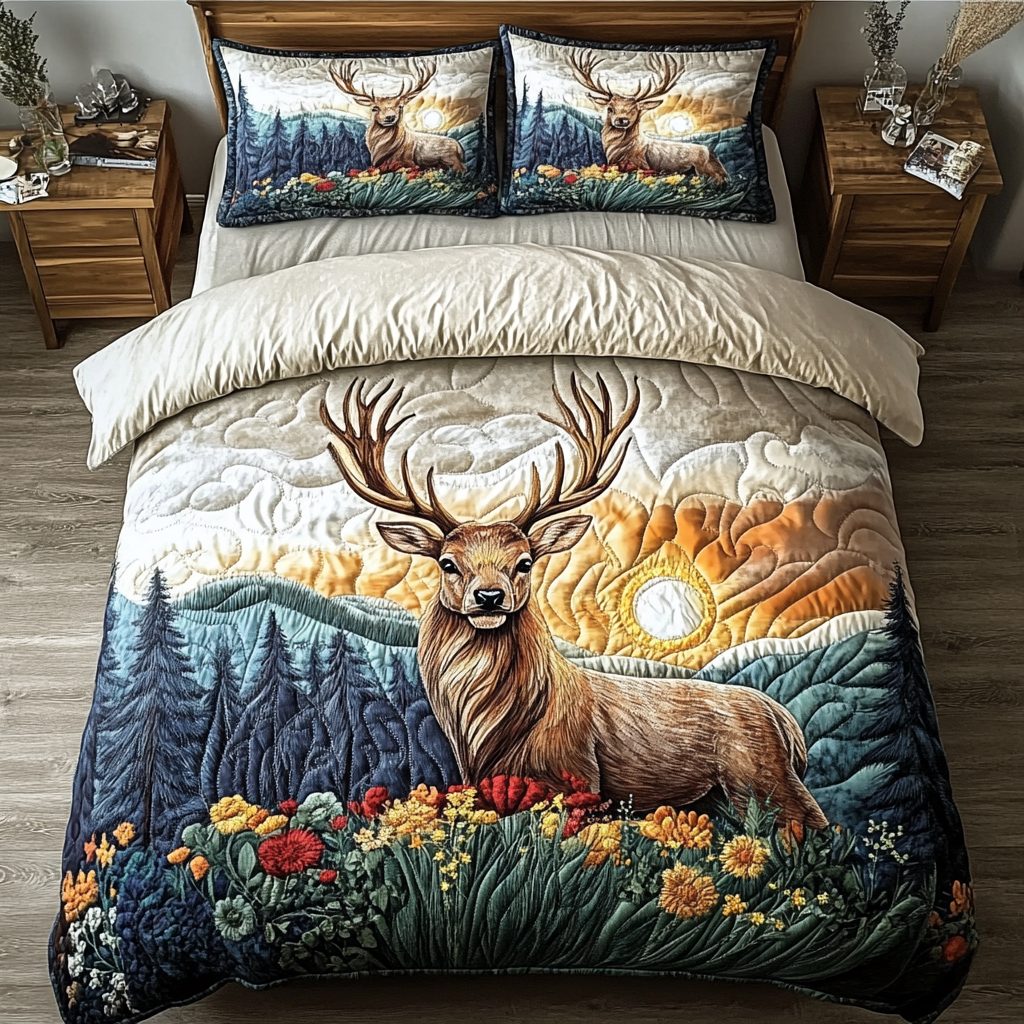 Moonlit Doe quilted 3-piece bedding set on a made bed with two matching pillow shams