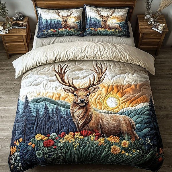 Moonlit Doe quilted 3-piece bedding set on a made bed with two matching pillow shams