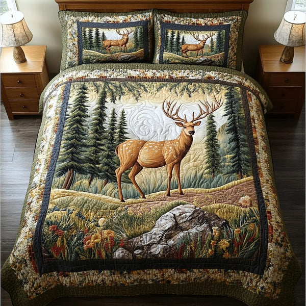Moonlit Doe quilted 3-piece bedding set on a made bed with two matching pillow shams