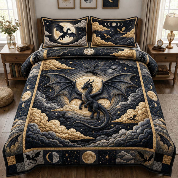Moonlit Dragon Flight quilted 3-piece bedding set on a made bed with two matching pillow shams