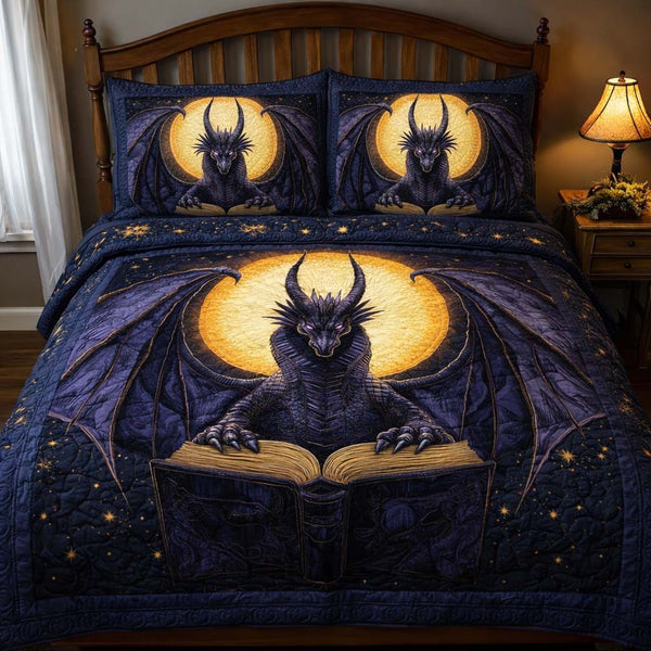 Moonlit Dragon quilted 3-piece bedding set on a made bed with two matching pillow shams