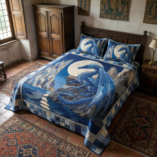 Moonlit Dragon quilted 3-piece bedding set on a made bed with two matching pillow shams