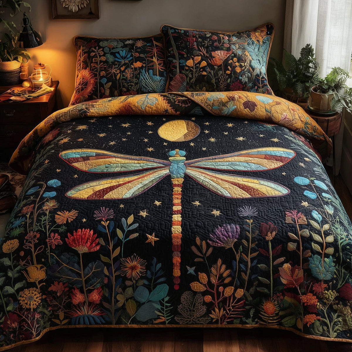 Moonlit Dragonfly quilted 3-piece bedding set on a made bed with two matching pillow shams