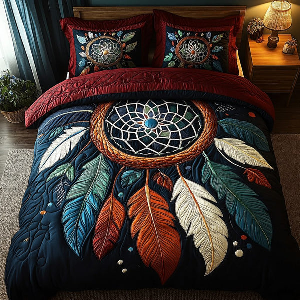 Moonlit Dreams quilted 3-piece bedding set on a made bed with two matching pillow shams