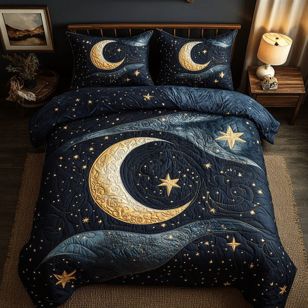 Moonlit Dreams quilted 3-piece bedding set on a made bed with two matching pillow shams