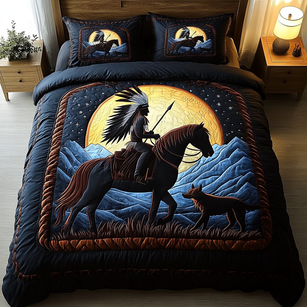 Moonlit Echoes quilted 3-piece bedding set on a made bed with two matching pillow shams