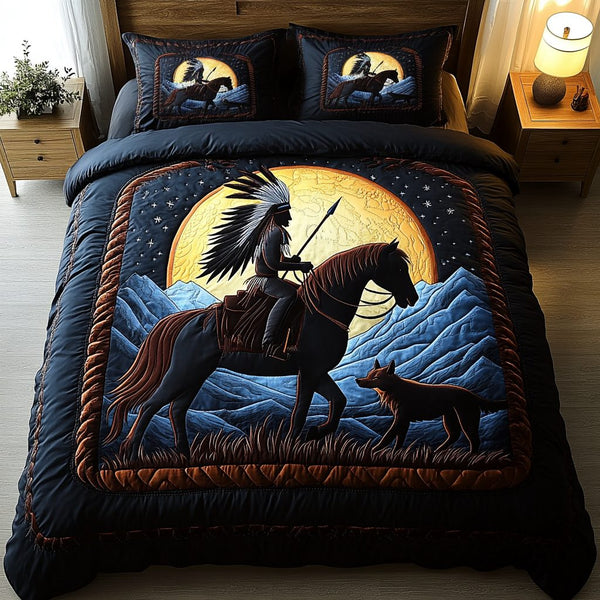 Moonlit Echoes quilted 3-piece bedding set on a made bed with two matching pillow shams