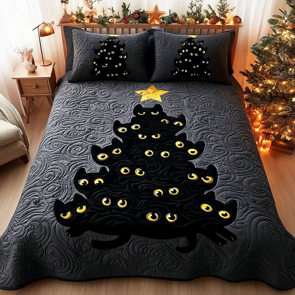 Moonlit Eyes quilted 3-piece bedding set on a made bed with two matching pillow shams