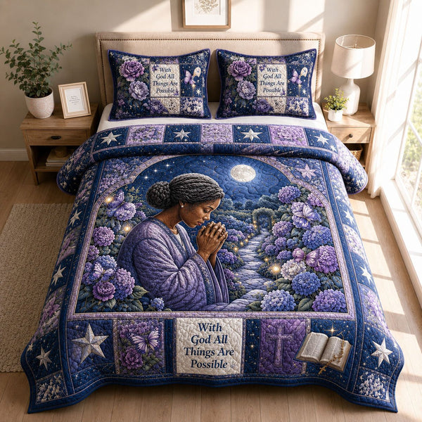 Moonlit Faith Garden quilted 3-piece bedding set on a made bed in a softly lit bedroom
