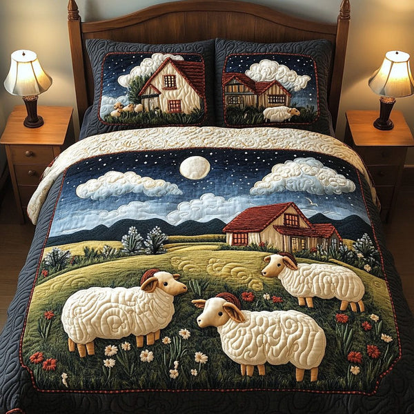 Moonlit Farm Sheep quilted 3-piece bedding set on a made bed with two matching pillow shams