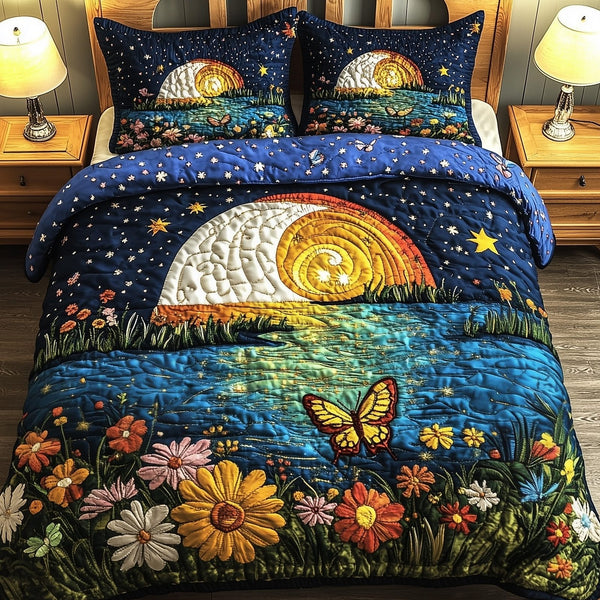 Moonlit Floral quilted 3-piece bedding set on a made bed with two matching pillow shams
