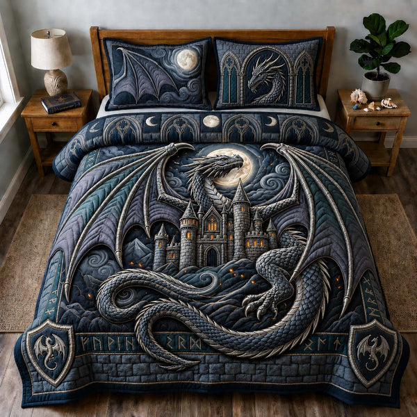 Moonlit Fortress quilted 3-piece bedding set on a made bed with two matching pillow shams