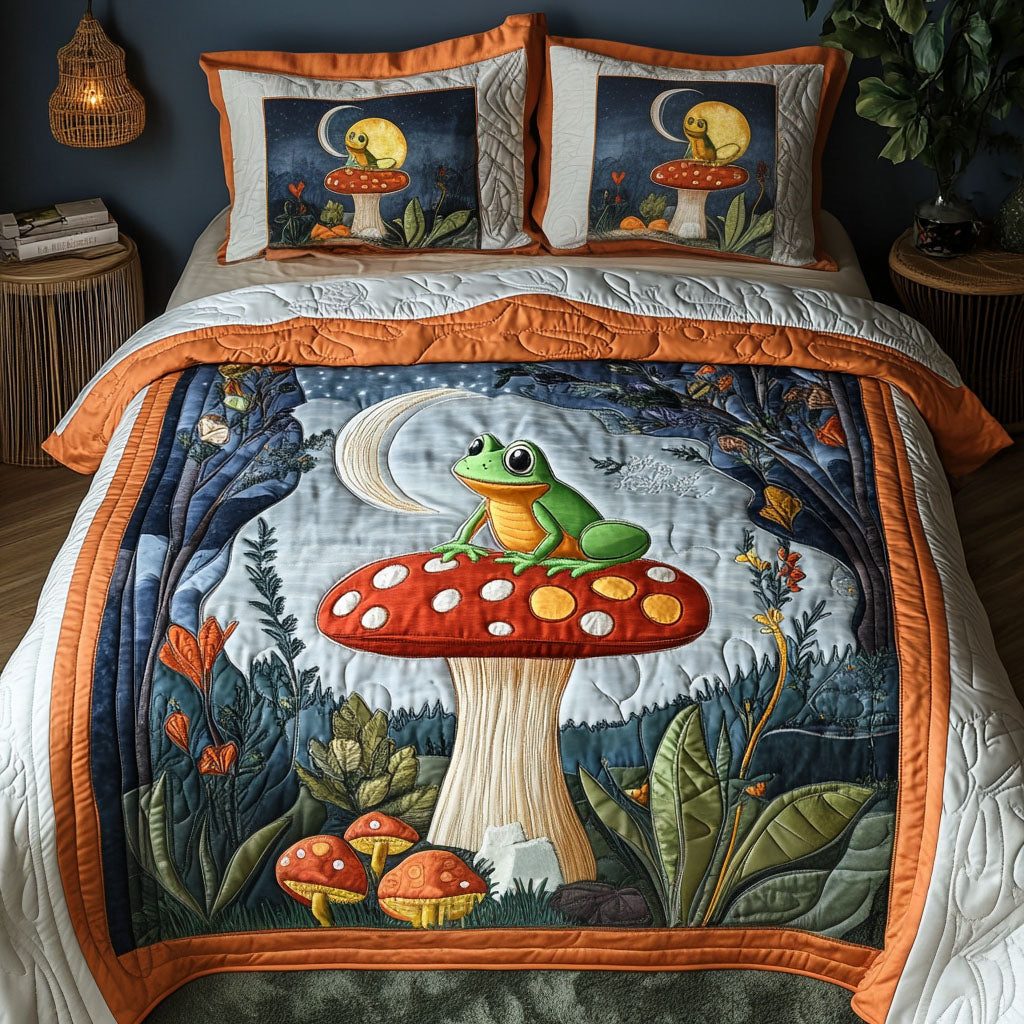 Moonlit Frog quilted 3-piece bedding set on a made bed with two matching pillow shams