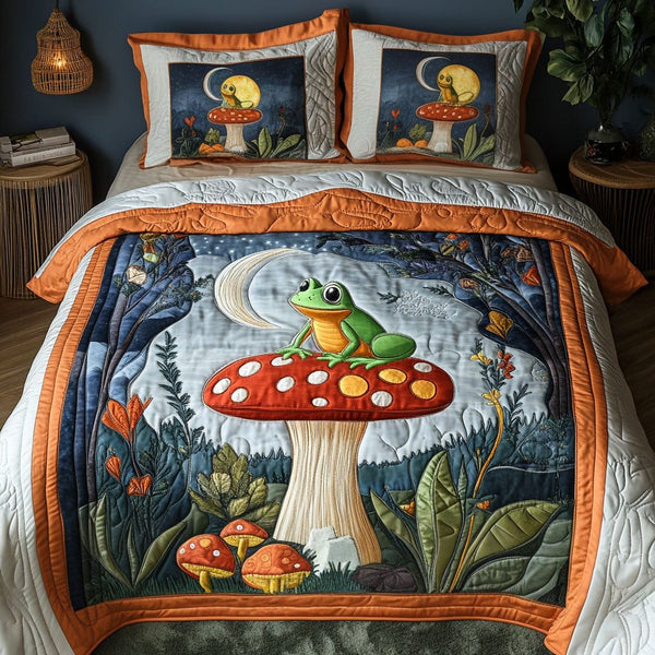 Moonlit Frog quilted 3-piece bedding set on a made bed with two matching pillow shams