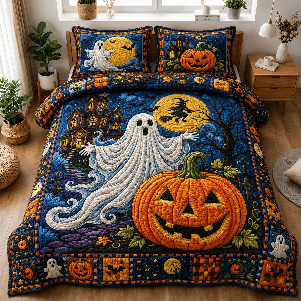 Moonlit Ghost Pumpkin Patch quilted 3-piece bedding set on a made bed against a dark styled interior