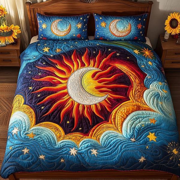 Moonlit Glow quilted 3-piece bedding set on a made bed with two matching pillow shams