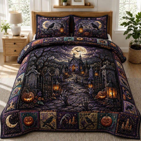 Moonlit Gothic Cemetery Chapel Halloween quilted 3-piece bedding set on a made bed against a dark styled interior