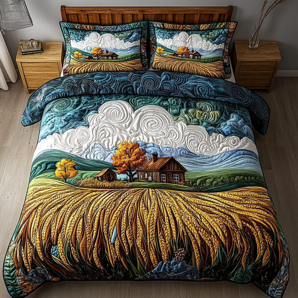 Moonlit Grove quilted 3-piece bedding set on a made bed with two matching pillow shams