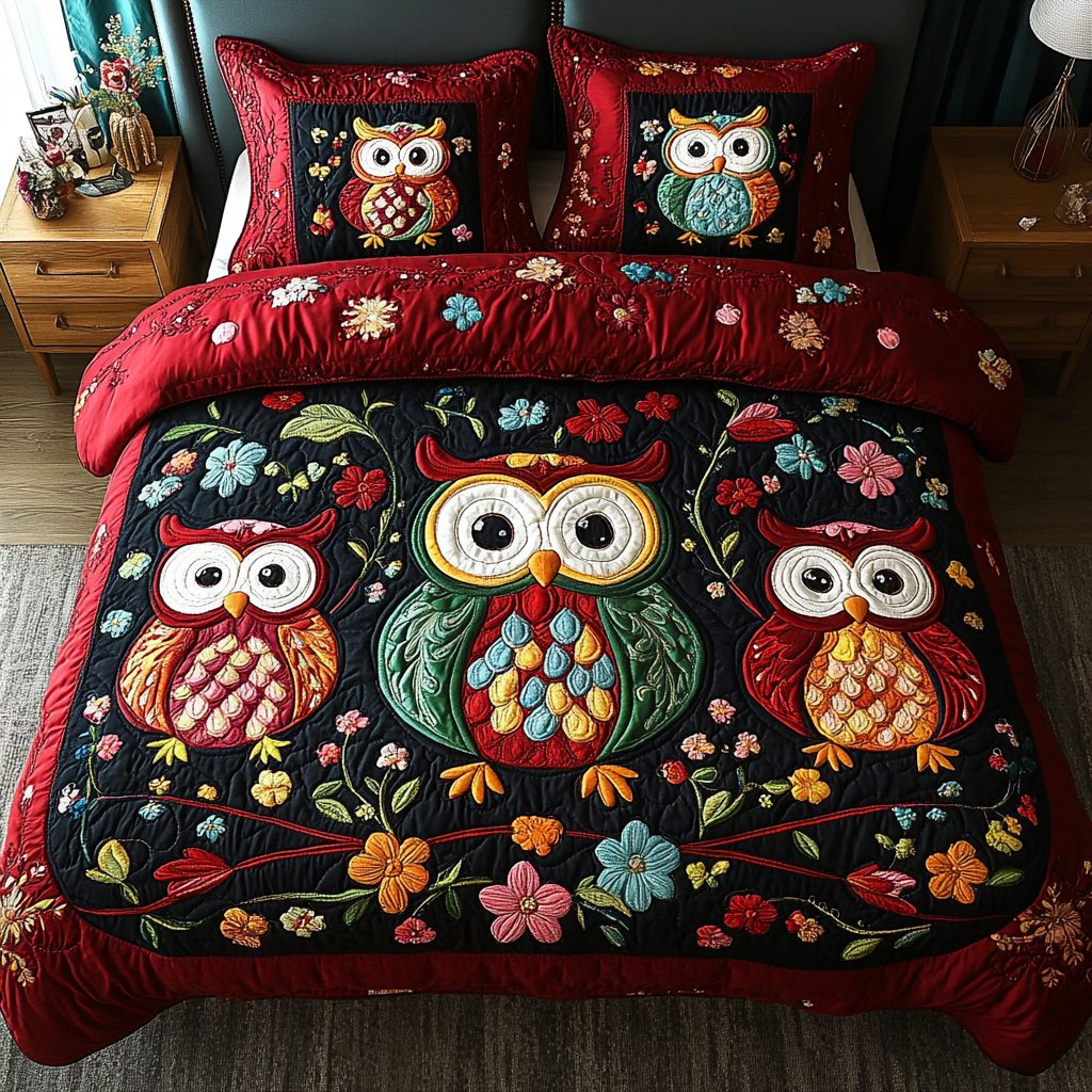 Moonlit Guardian quilted 3-piece bedding set on a made bed with two matching pillow shams