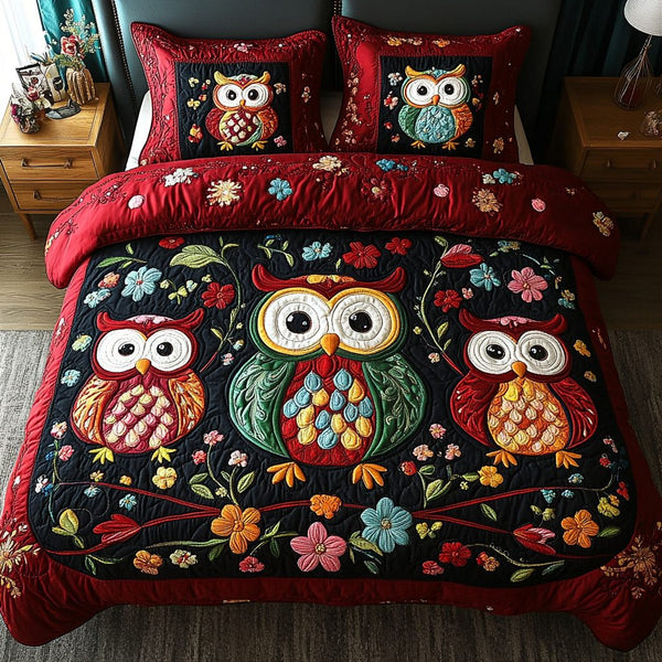 Moonlit Guardian quilted 3-piece bedding set on a made bed with two matching pillow shams