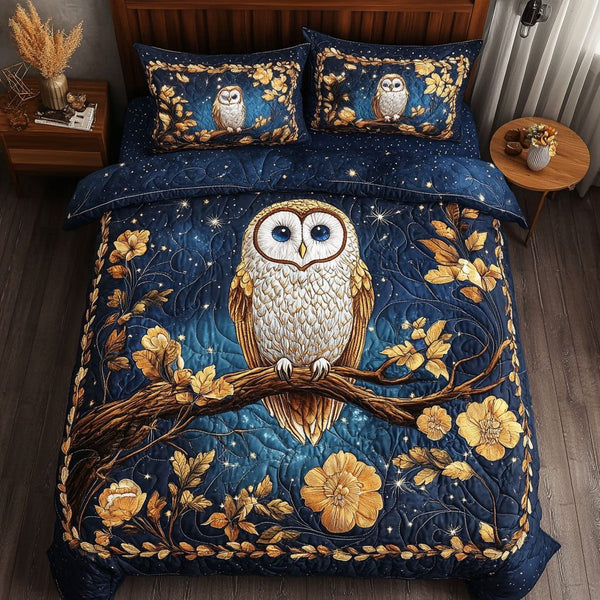 Moonlit Guardian quilted 3-piece bedding set on a made bed with two matching pillow shams