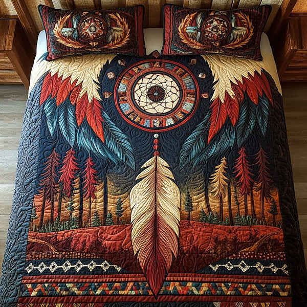 Moonlit Guardian quilted 3-piece bedding set on a made bed with two matching pillow shams
