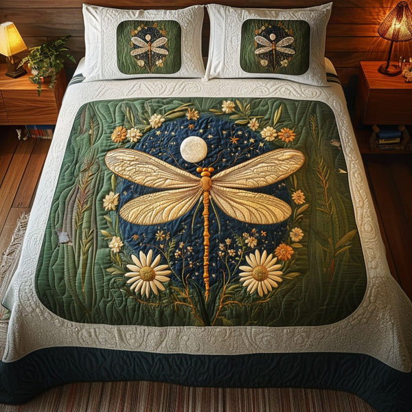 Moonlit Harmony quilted 3-piece bedding set on a made bed with two matching pillow shams