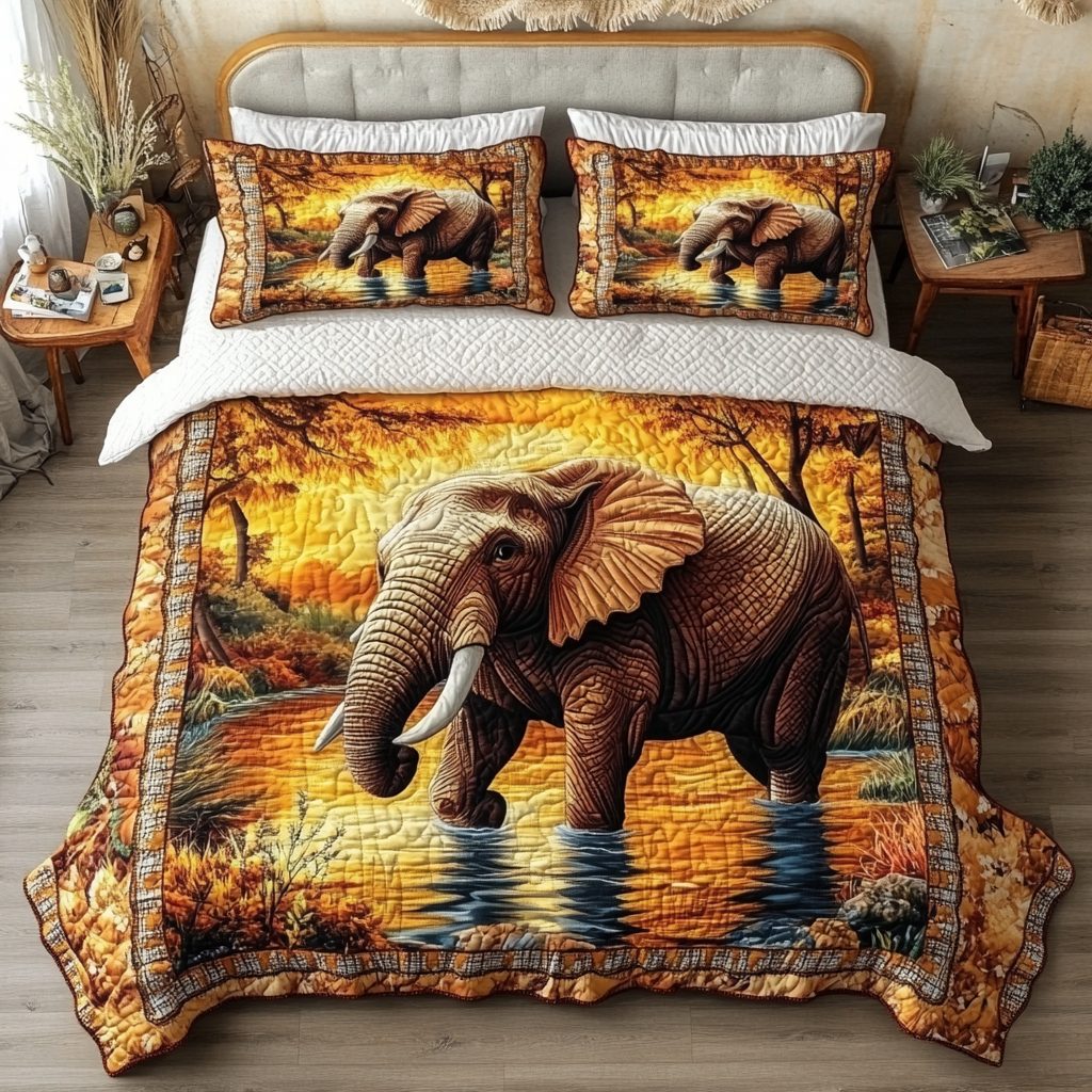 Moonlit Herd quilted 3-piece bedding set on a made bed with two matching pillow shams