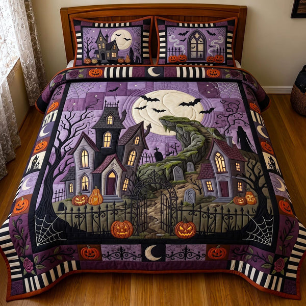 Moonlit Hollow quilted 3-piece bedding set on a made bed with two matching pillow shams