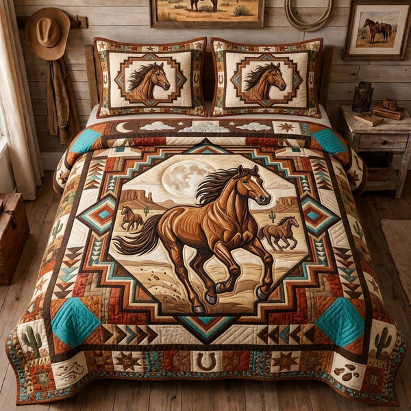 Moonlit Horse Spirit quilted 3-piece bedding set on a made bed in a rustic timber bedroom