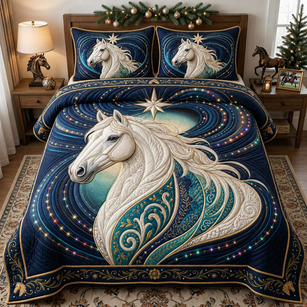 Moonlit Horses quilted 3-piece bedding set on a made bed in a rustic timber bedroom