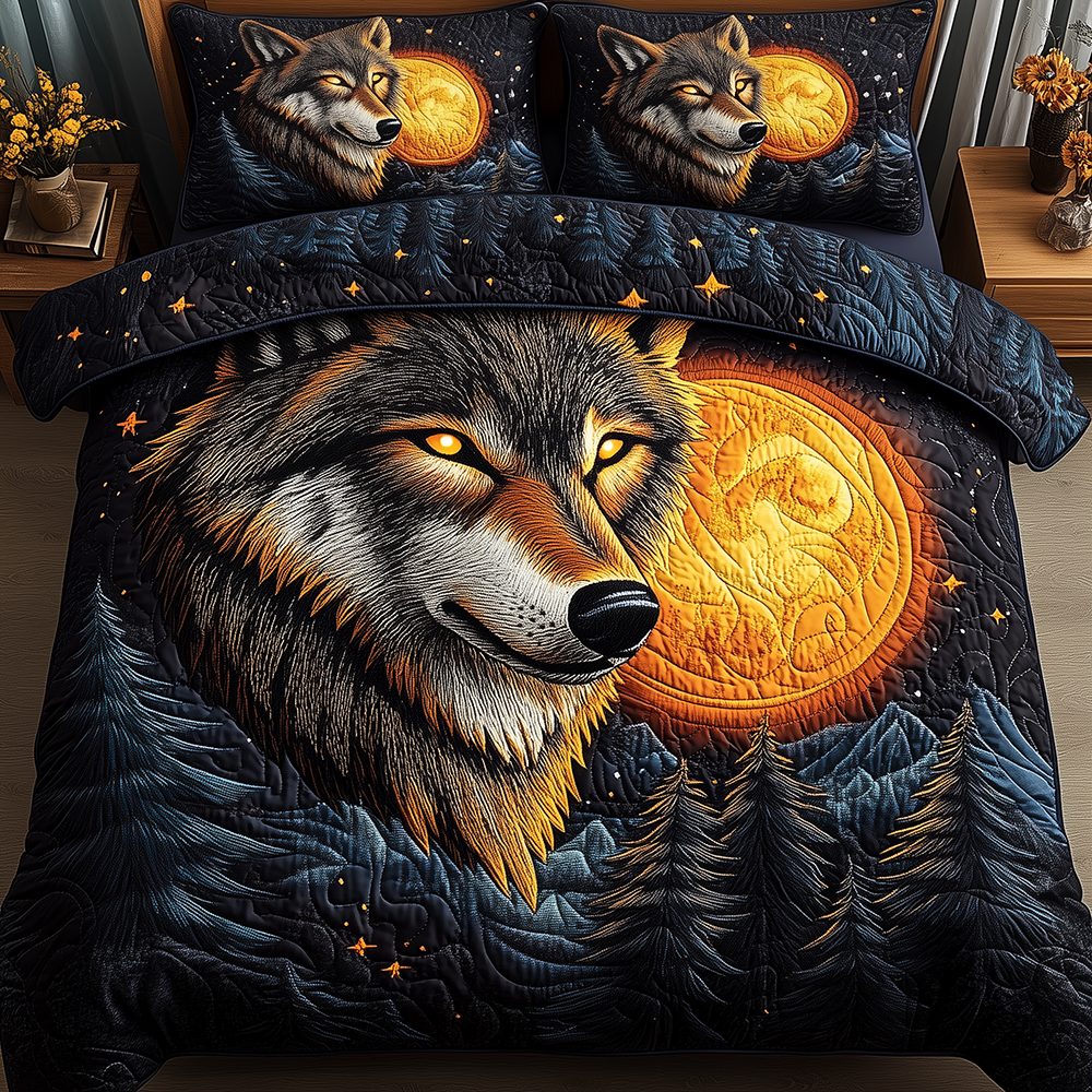 Moonlit Howl quilted 3-piece bedding set on a made bed with two matching pillow shams