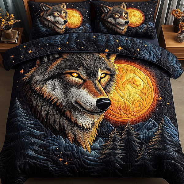 Moonlit Howl quilted 3-piece bedding set on a made bed with two matching pillow shams