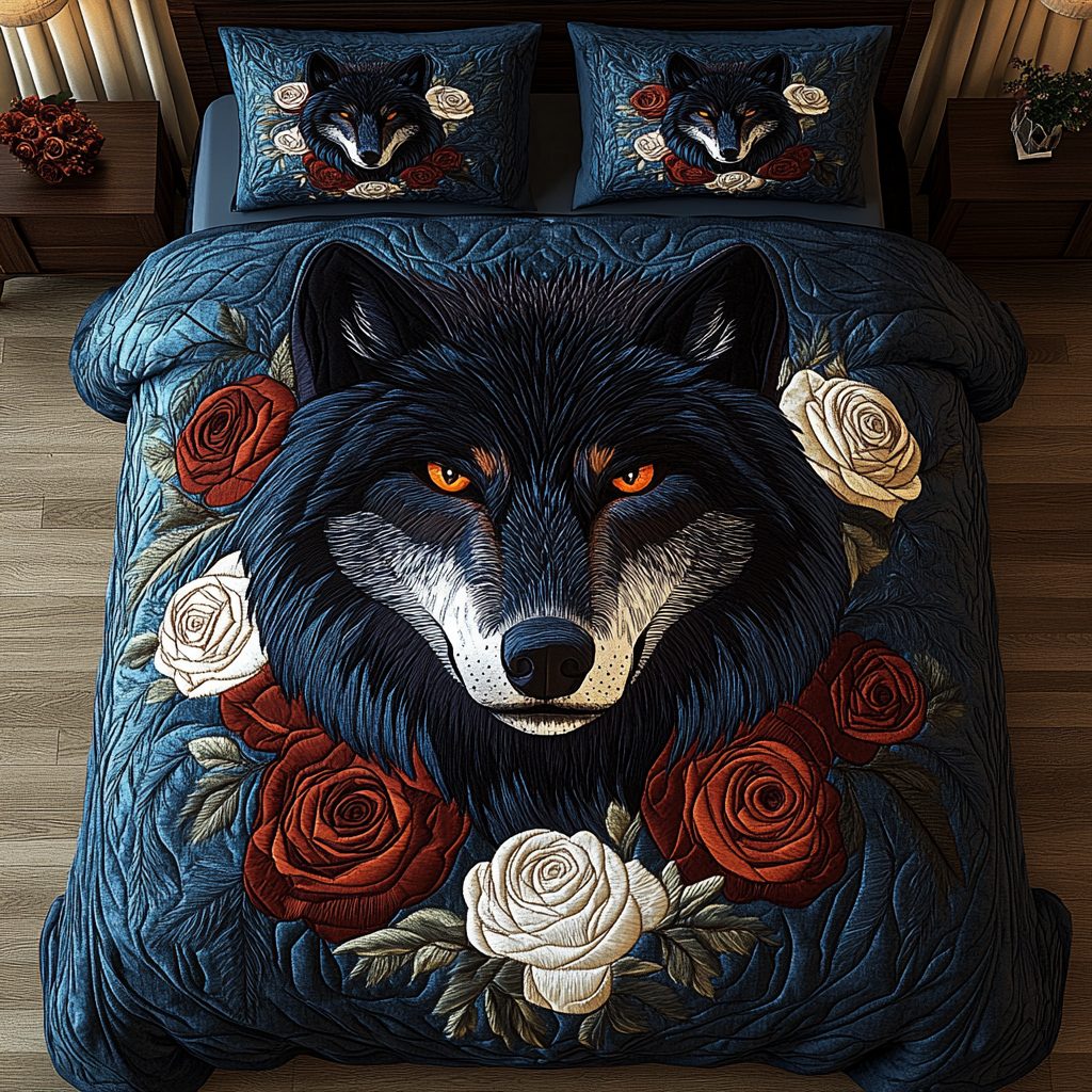 Moonlit Howl quilted 3-piece bedding set on a made bed with two matching pillow shams