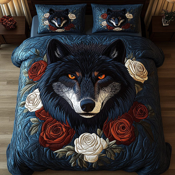 Moonlit Howl quilted 3-piece bedding set on a made bed with two matching pillow shams