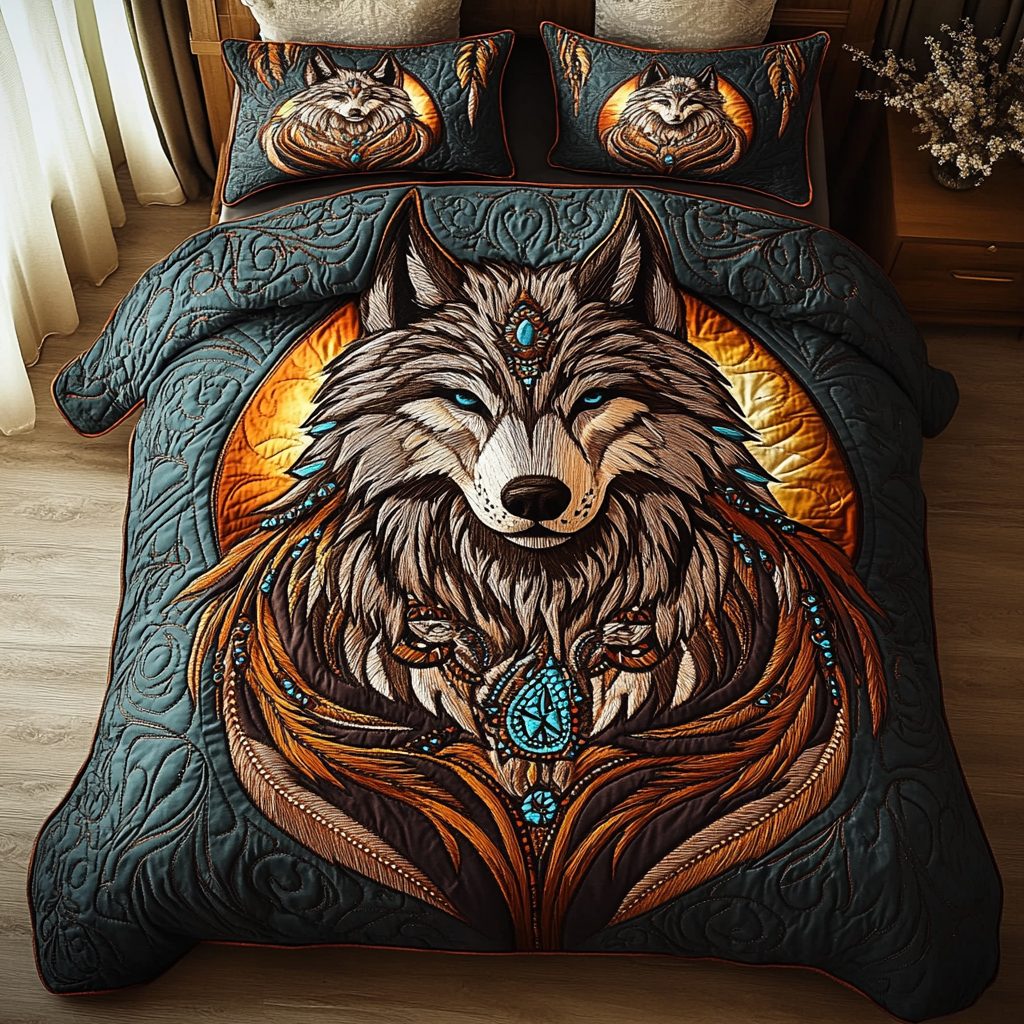 Moonlit Hunter quilted 3-piece bedding set on a made bed with two matching pillow shams