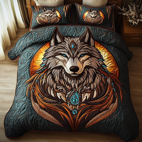 Moonlit Hunter quilted 3-piece bedding set on a made bed with two matching pillow shams