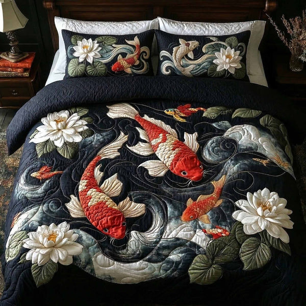 Moonlit Koi quilted 3-piece bedding set on a made bed with two matching pillow shams