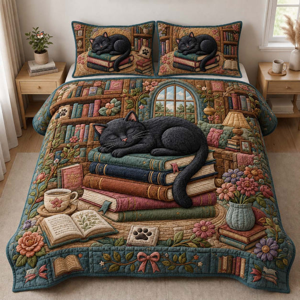 Moonlit Library Cat quilted 3-piece bedding set on a made bed with two matching pillow shams