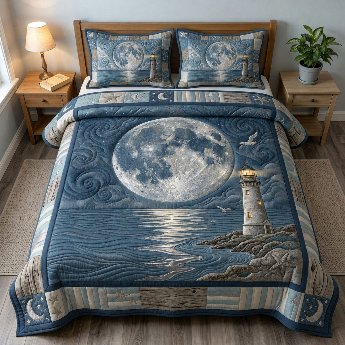 Moonlit Lighthouse quilted 3-piece bedding set on a made bed in a light coastal bedroom