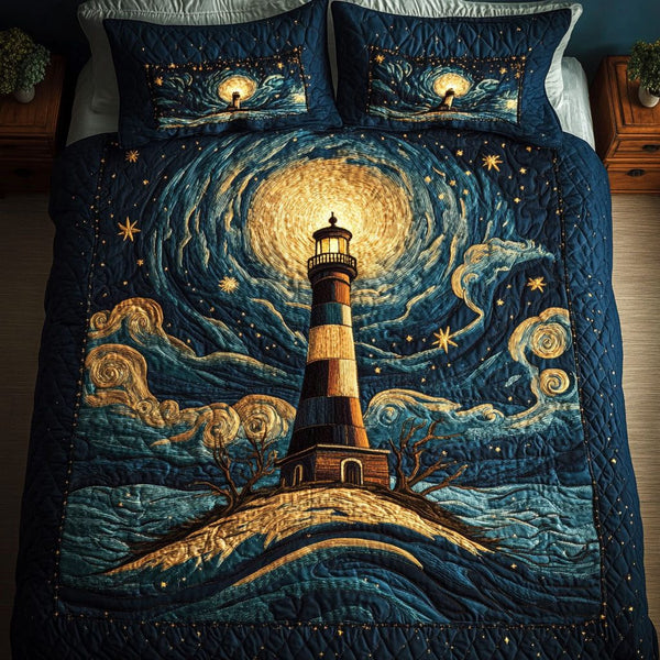 Moonlit Lighthouse Scene quilted 3-piece bedding set on a made bed in a light coastal bedroom