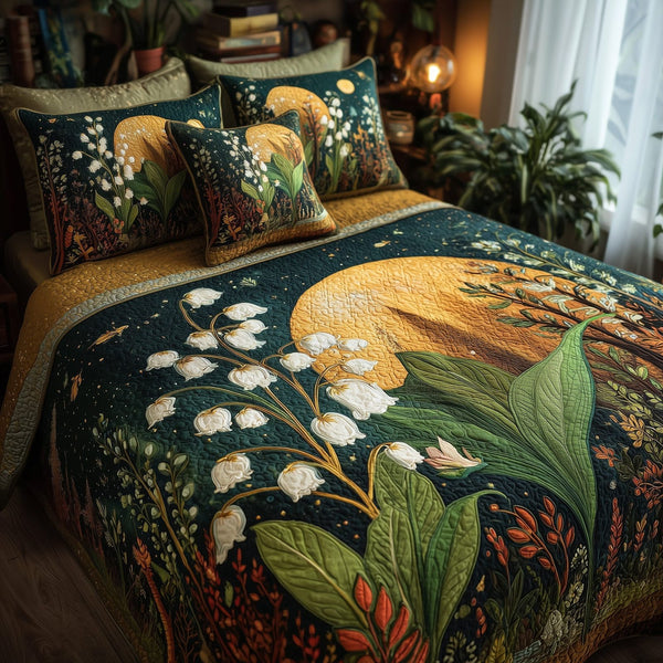 Moonlit Lily Of The Valley quilted 3-piece bedding set on a made bed with two matching pillow shams