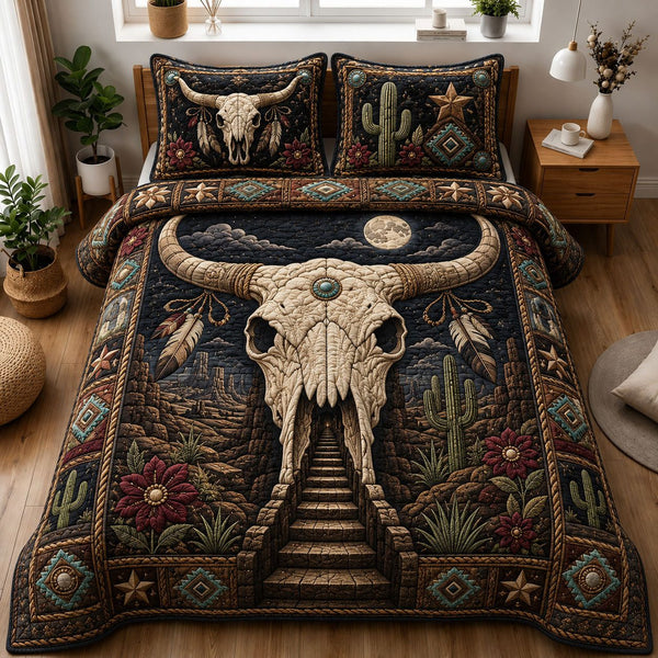 Moonlit Longhorn Skull Desert Portal quilted 3-piece bedding set on a made bed against a dark styled interior