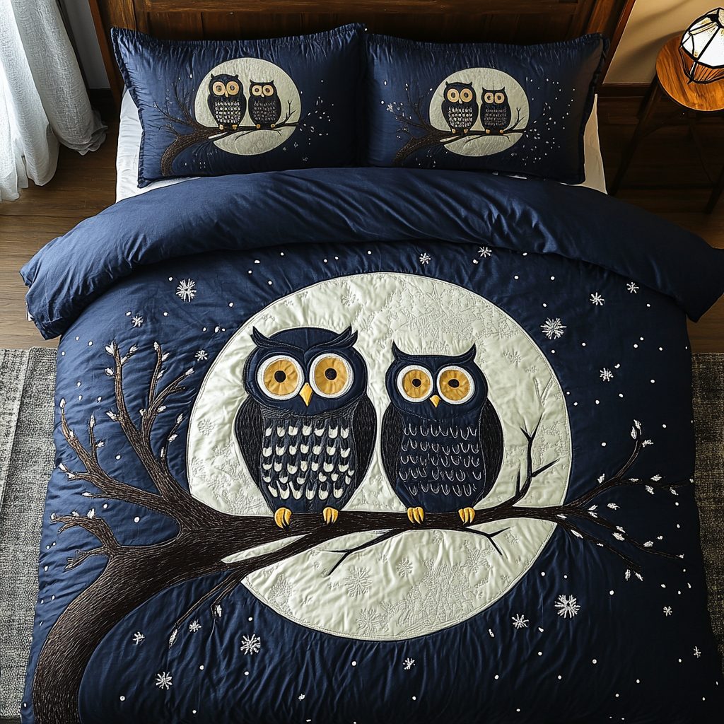 Moonlit Lovebirds quilted 3-piece bedding set on a made bed with two matching pillow shams