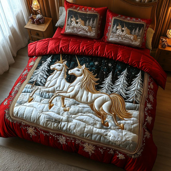 Moonlit Magic quilted 3-piece bedding set on a made bed with two matching pillow shams