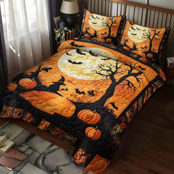 Moonlit Magic quilted 3-piece bedding set on a made bed with two matching pillow shams