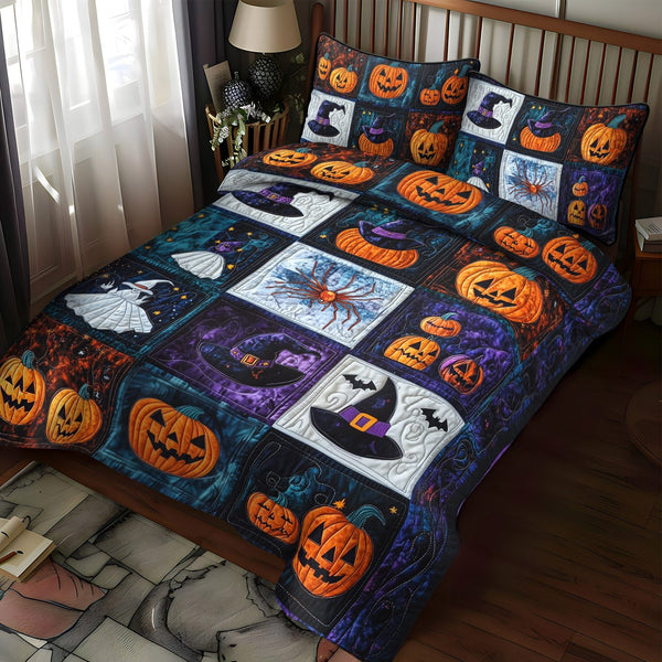 Moonlit Magic quilted 3-piece bedding set on a made bed with two matching pillow shams